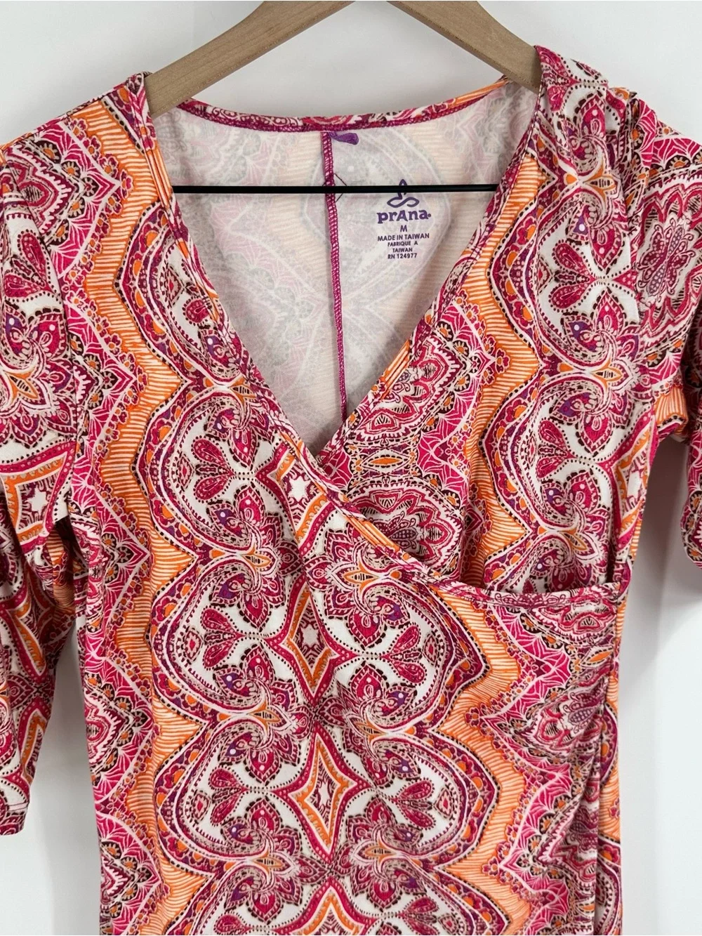 Prana Nadia Faux Wrap Dress Medium V-Neck Orange Pink Pocket Stretch Boho Casual